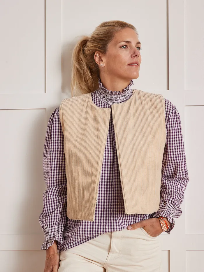 Women Cyrillus Clothing Reversible Sakari Sleeveless Jacket 8211 Apaches Collection Imp Woodblock