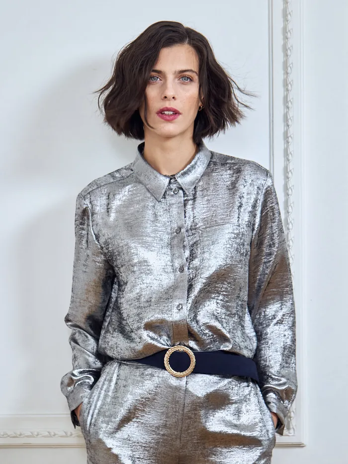 Women Cyrillus Clothing Silver Lam Shirt Argente