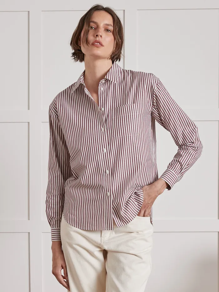 Women Cyrillus Clothing Striped Organic Cotton Shirt Rayure Bordeauxecru