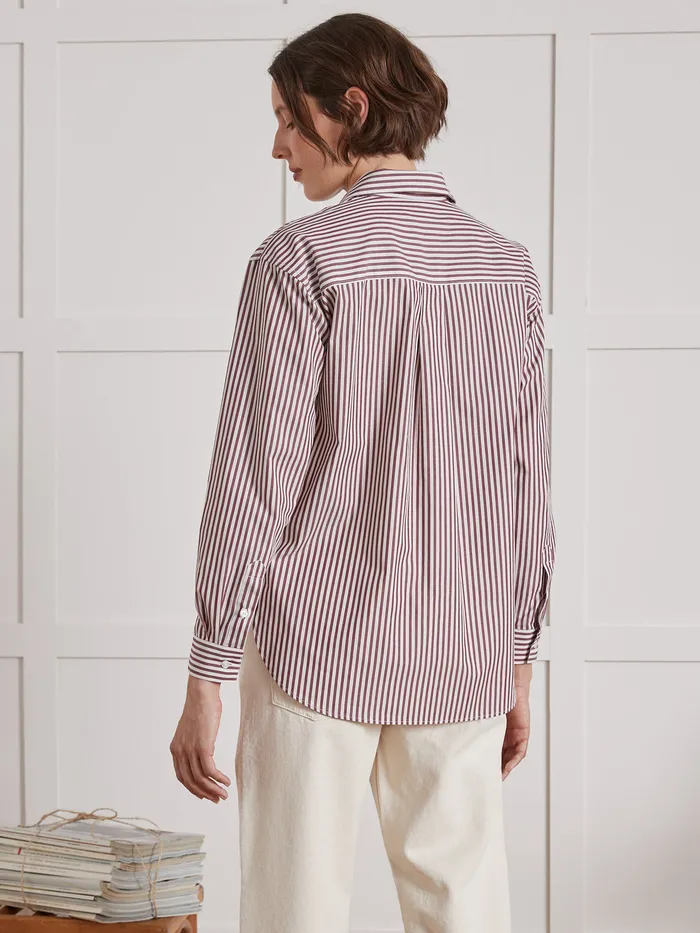 Women Cyrillus Clothing Striped Organic Cotton Shirt Rayure Bordeauxecru