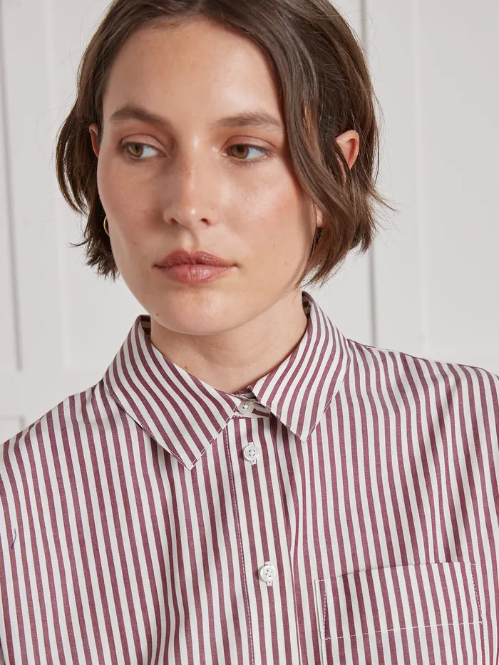 Women Cyrillus Clothing Striped Organic Cotton Shirt Rayure Bordeauxecru