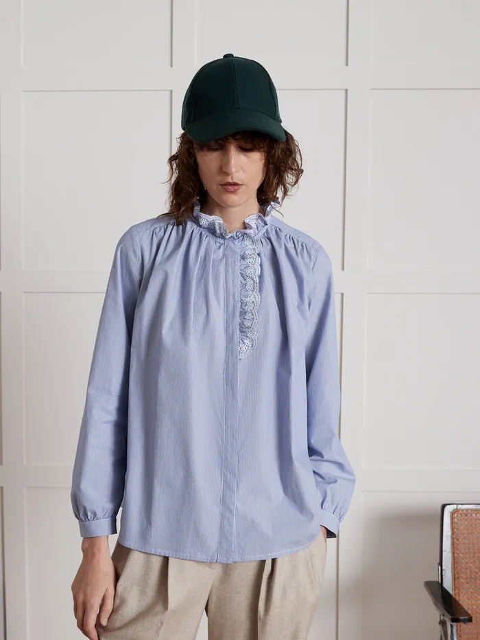 Women Cyrillus Clothing Striped Shirt With Embroidered Ruffled Collar Rayure Bleue