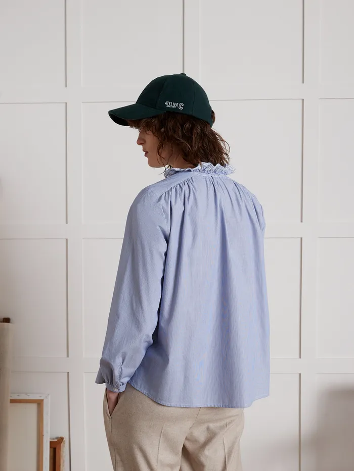 Women Cyrillus Clothing Striped Shirt With Embroidered Ruffled Collar Rayure Bleue