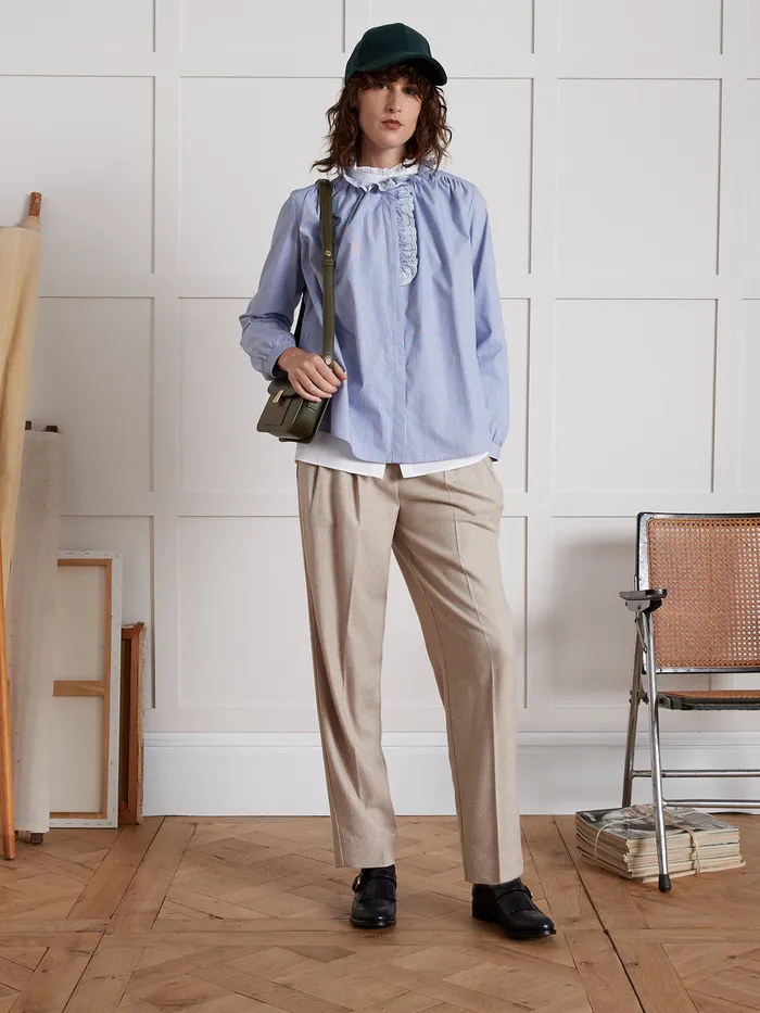 Women Cyrillus Clothing Striped Shirt With Embroidered Ruffled Collar Rayure Bleue