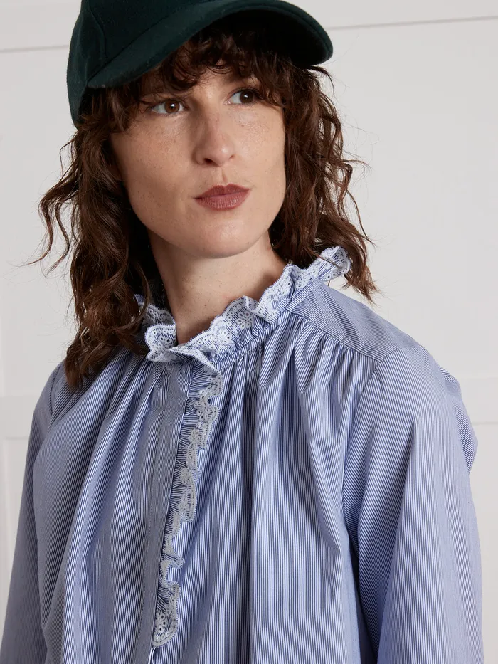 Women Cyrillus Clothing Striped Shirt With Embroidered Ruffled Collar Rayure Bleue