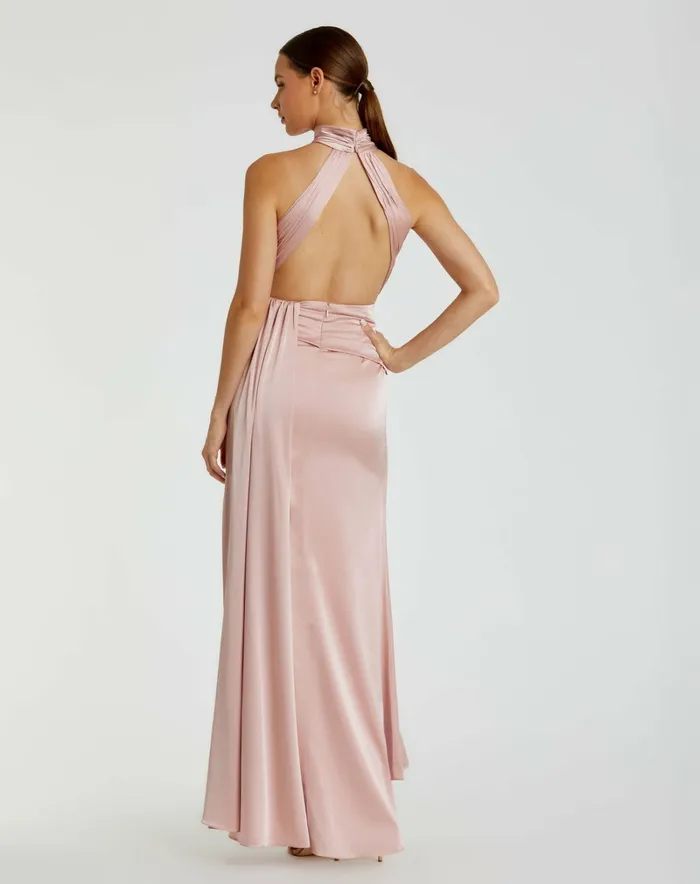 Women Daytime Dresses Mac Duggal Light Pink Open Back High Neck Side Ruched Gown Shell Pink