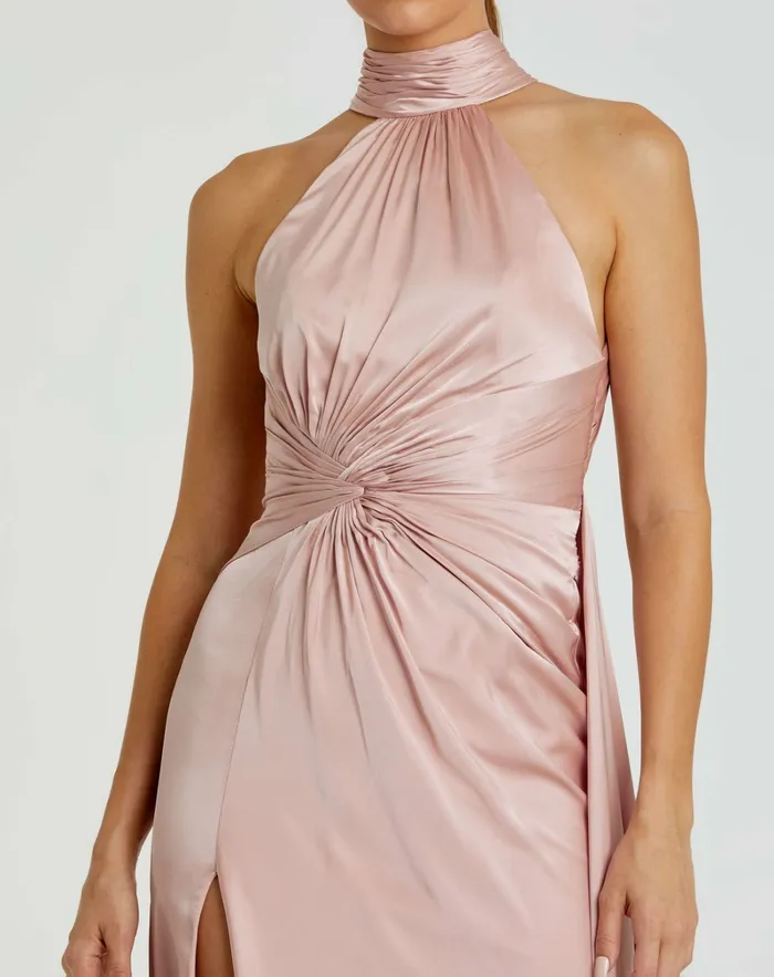 Women Daytime Dresses Mac Duggal Light Pink Open Back High Neck Side Ruched Gown Shell Pink