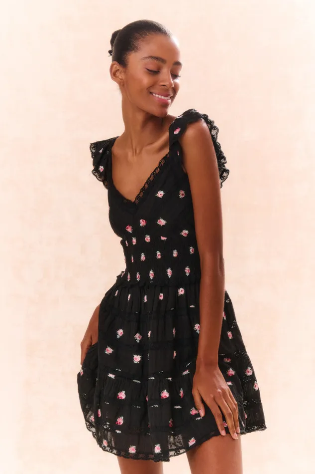 Women Dresses LoveShackFancy Finny Embroidered Floral Dress Black Combo