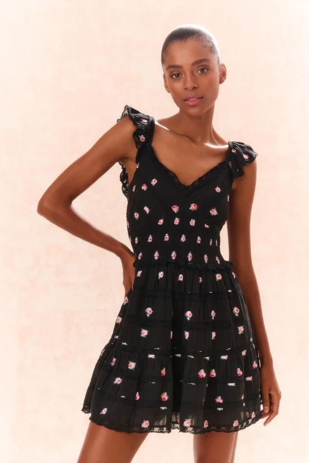 Women Dresses LoveShackFancy Finny Embroidered Floral Dress Black Combo
