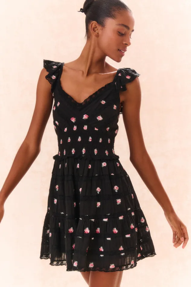Women Dresses LoveShackFancy Finny Embroidered Floral Dress Black Combo