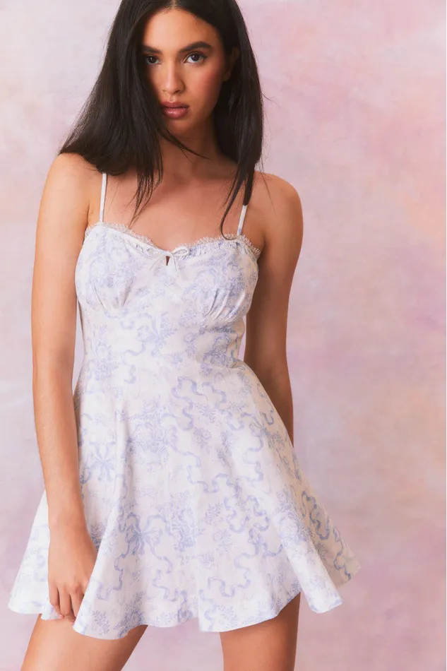 Women Dresses LoveShackFancy Shai Linen Bow Print Mini Dress Blissful Blue