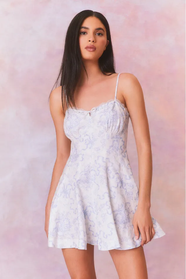 Women Dresses LoveShackFancy Shai Linen Bow Print Mini Dress Blissful Blue