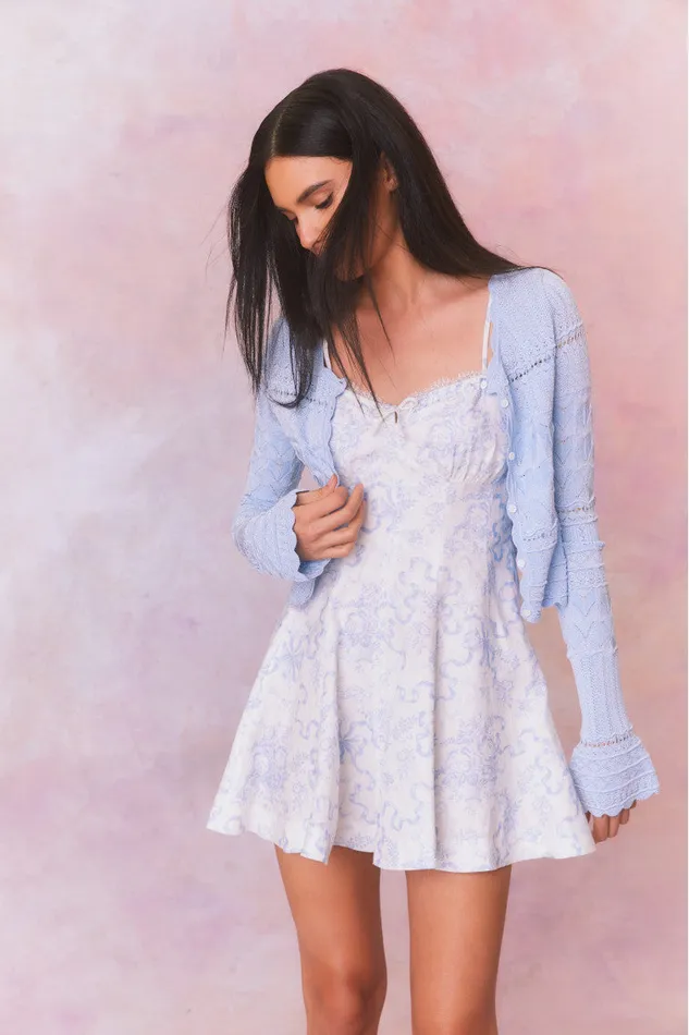 Women Dresses LoveShackFancy Shai Linen Bow Print Mini Dress Blissful Blue