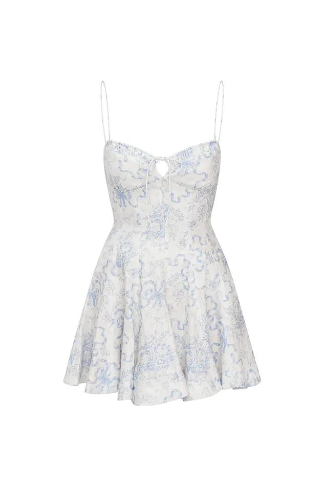 Women Dresses LoveShackFancy Shai Linen Bow Print Mini Dress Blissful Blue