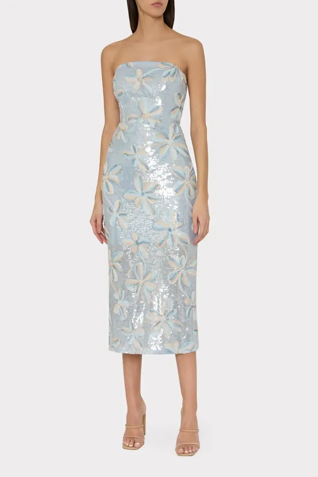 Women Dresses Milly Floral Embroidery Mesh Sequin Midi Dress Periwinkle Multi