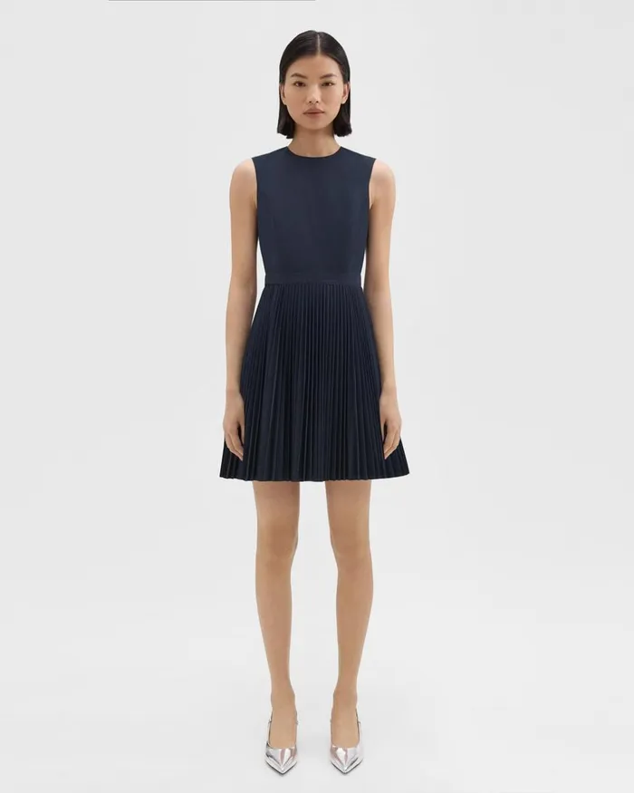 Women Dresses Theory Pleated Mini Dress In Sleek Poplin Nocturne Navy