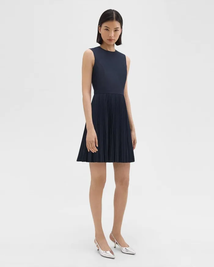 Women Dresses Theory Pleated Mini Dress In Sleek Poplin Nocturne Navy
