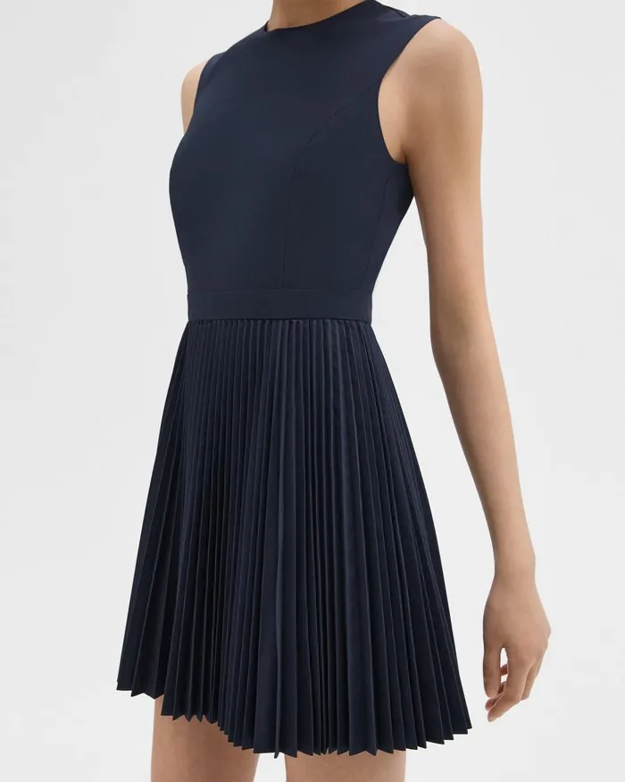 Women Dresses Theory Pleated Mini Dress In Sleek Poplin Nocturne Navy