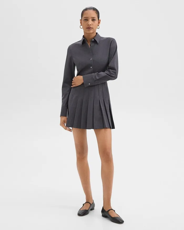 Women Dresses Theory Pleated Mini Shirt Dress In Stretch WoolBlend Charcoal Melange