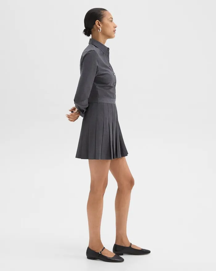 Women Dresses Theory Pleated Mini Shirt Dress In Stretch WoolBlend Charcoal Melange