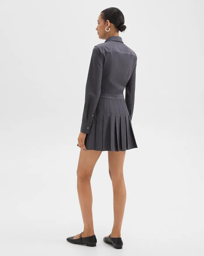Women Dresses Theory Pleated Mini Shirt Dress In Stretch WoolBlend Charcoal Melange