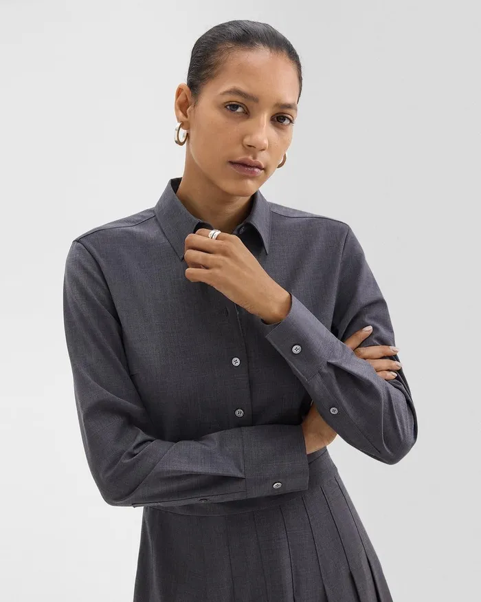 Women Dresses Theory Pleated Mini Shirt Dress In Stretch WoolBlend Charcoal Melange