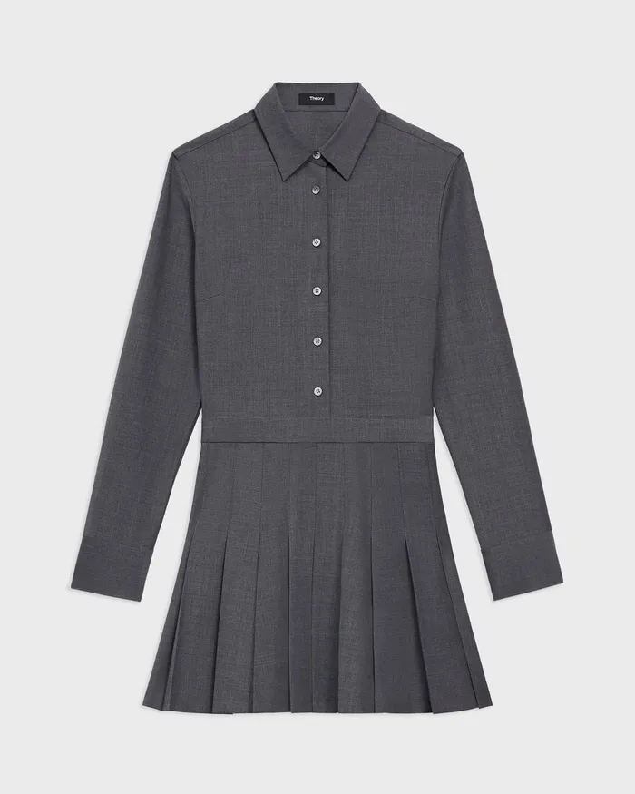 Women Dresses Theory Pleated Mini Shirt Dress In Stretch WoolBlend Charcoal Melange
