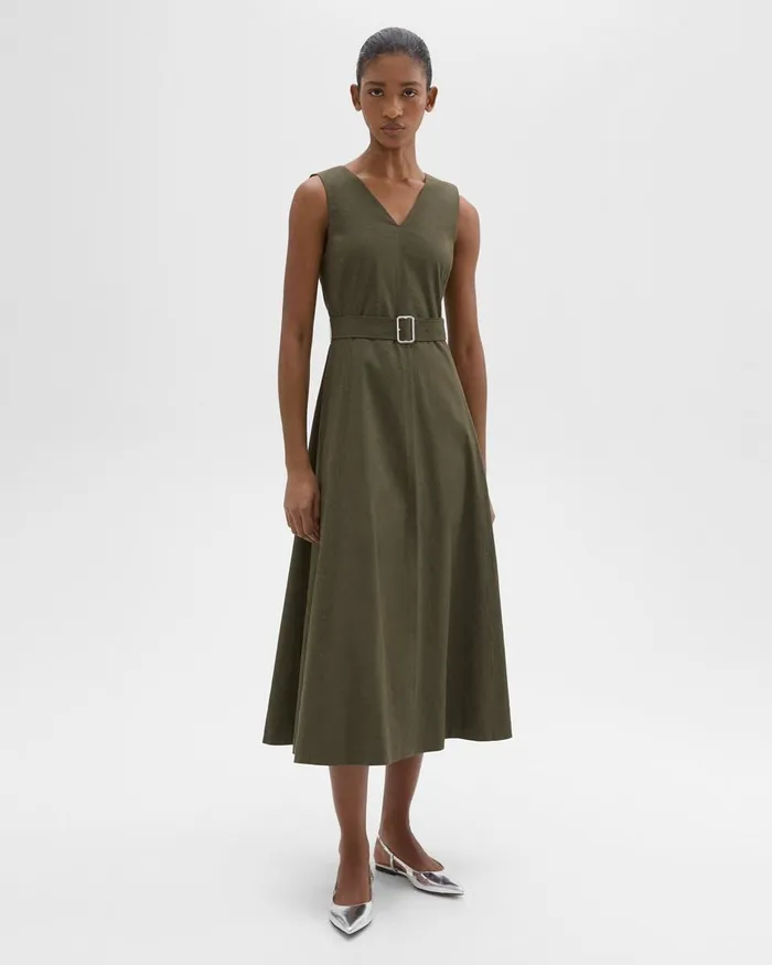 Women Dresses Theory VNeck Volume Dress In Good Linen Dark Olive