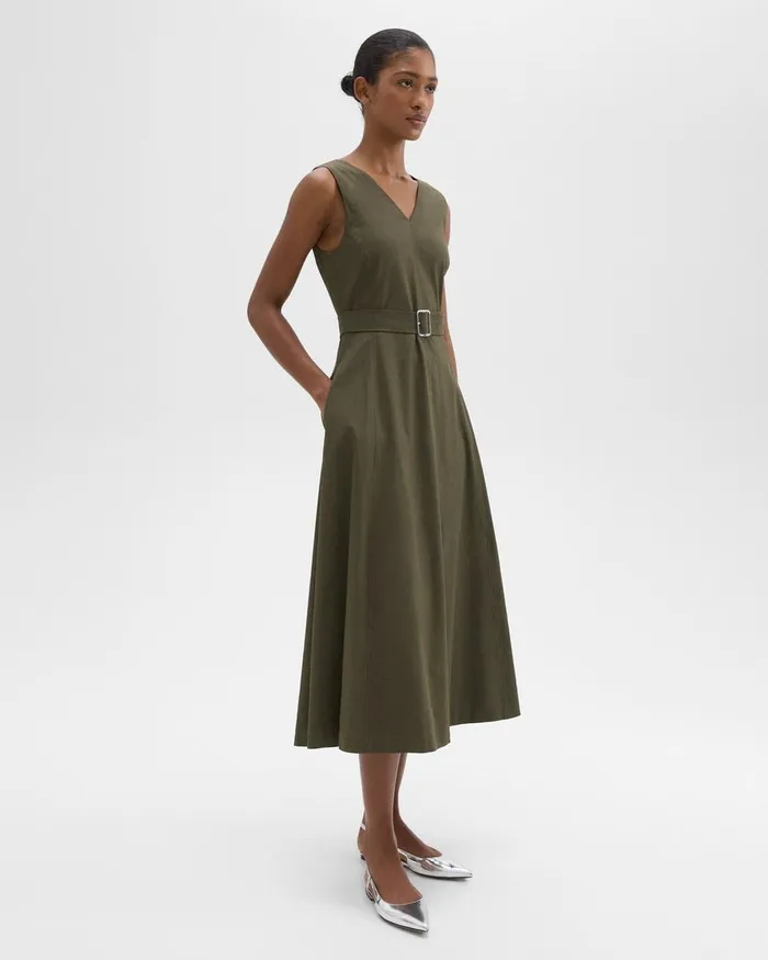 Women Dresses Theory VNeck Volume Dress In Good Linen Dark Olive