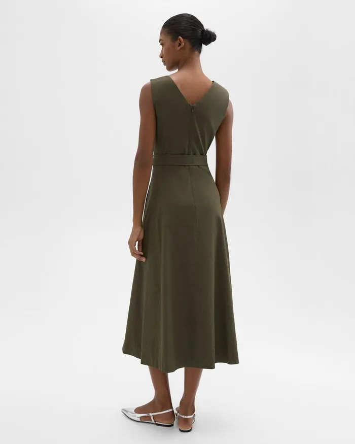 Women Dresses Theory VNeck Volume Dress In Good Linen Dark Olive