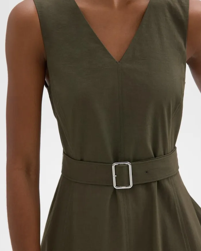 Women Dresses Theory VNeck Volume Dress In Good Linen Dark Olive