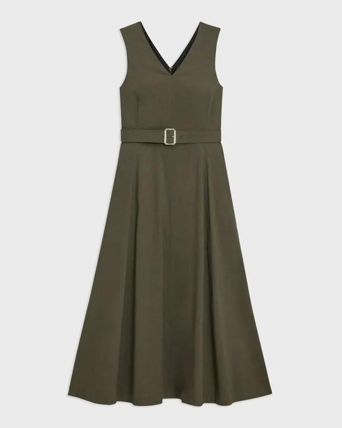 Women Dresses Theory VNeck Volume Dress In Good Linen Dark Olive
