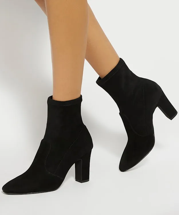 Women Dune London Ankle Boots Almond Toe Block Heel Sock Boots Black
