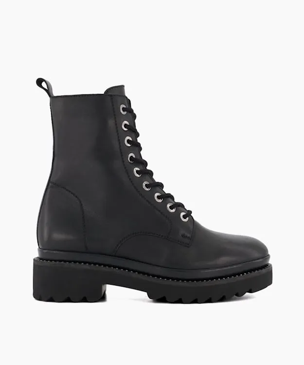 Women Dune London Biker Boots Casual Leather LaceUp Boots Black