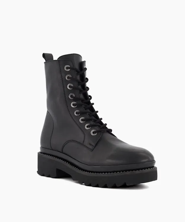 Women Dune London Biker Boots Casual Leather LaceUp Boots Black
