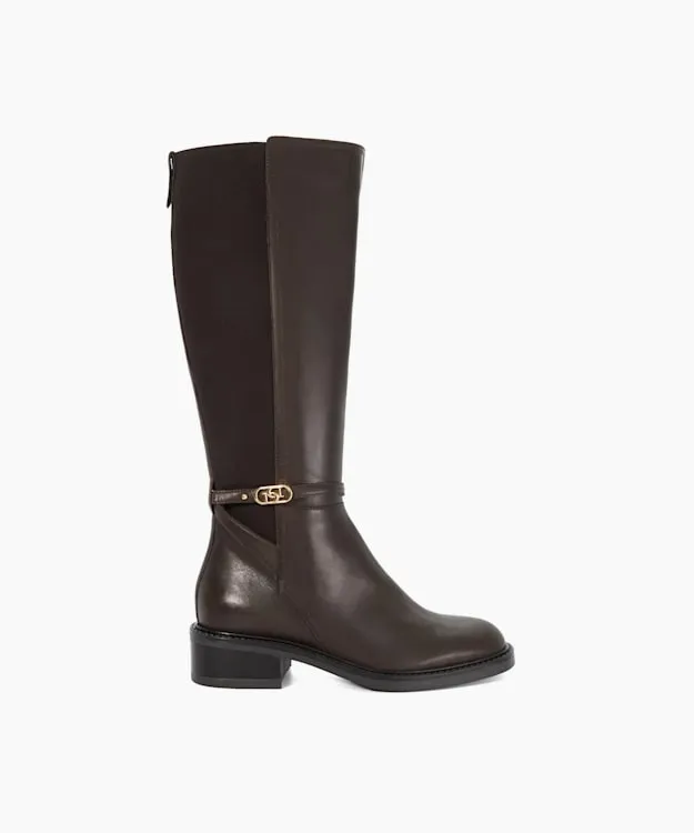 Women Dune London Flat Boots Branded Buckle Knee High Boots Brown