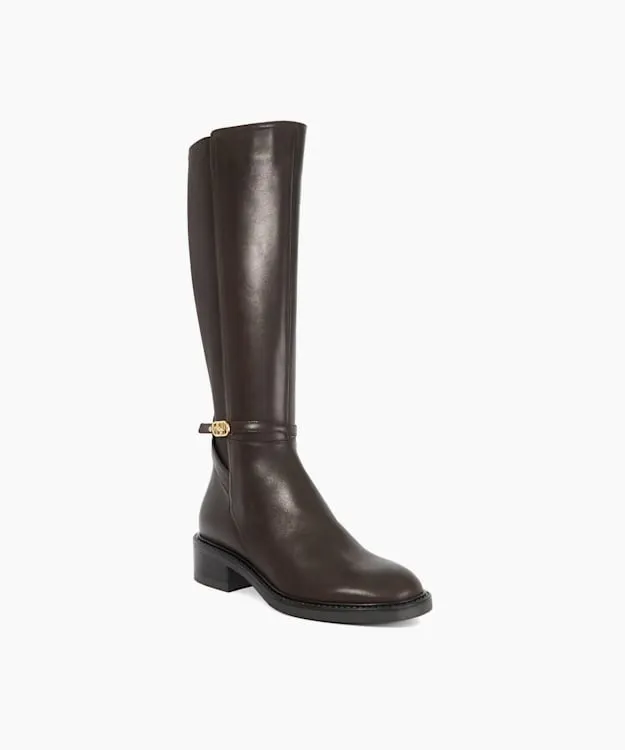 Women Dune London Flat Boots Branded Buckle Knee High Boots Brown