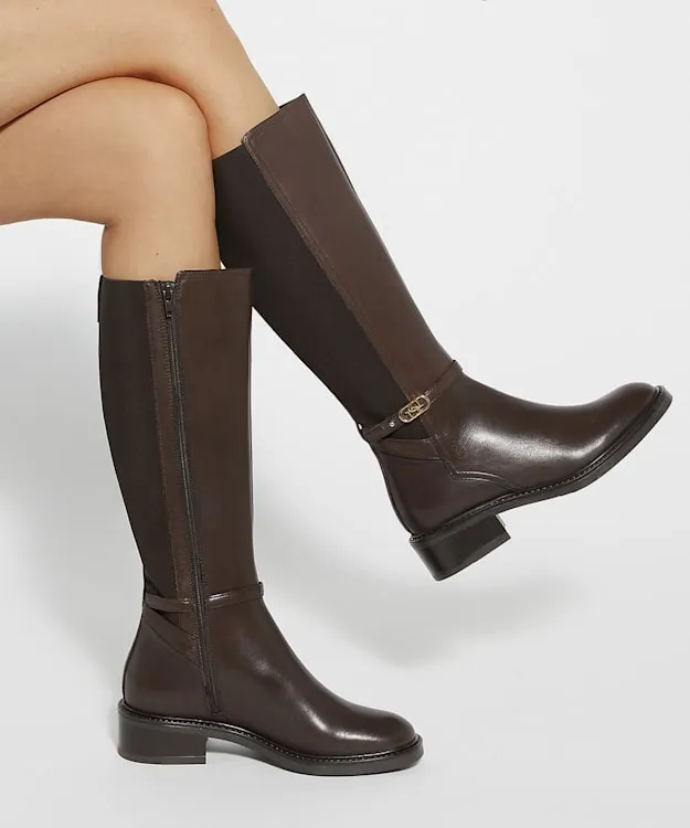 Women Dune London Flat Boots Branded Buckle Knee High Boots Brown