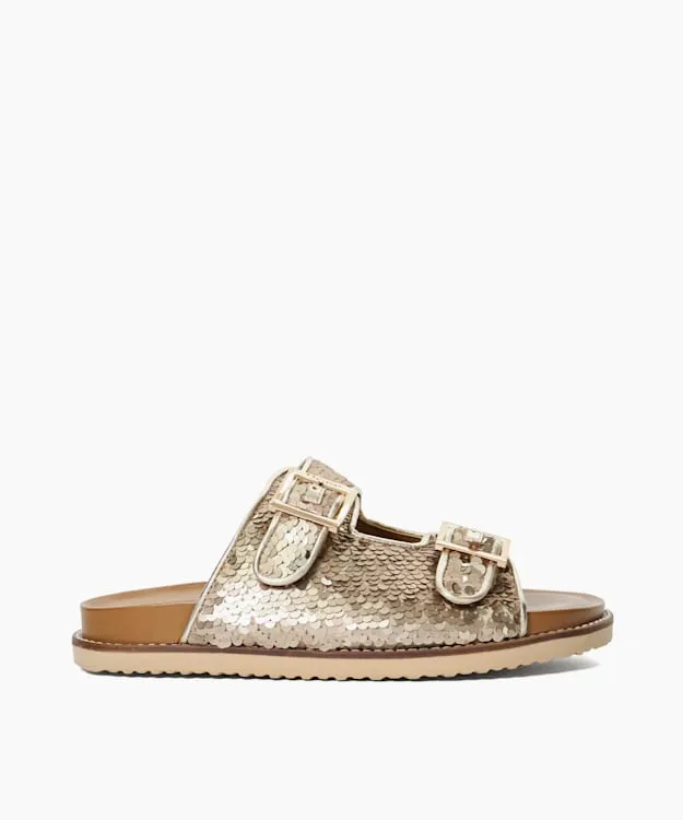 Women Dune London Flat Sandals Two Strap Sequin Sandals Metallic