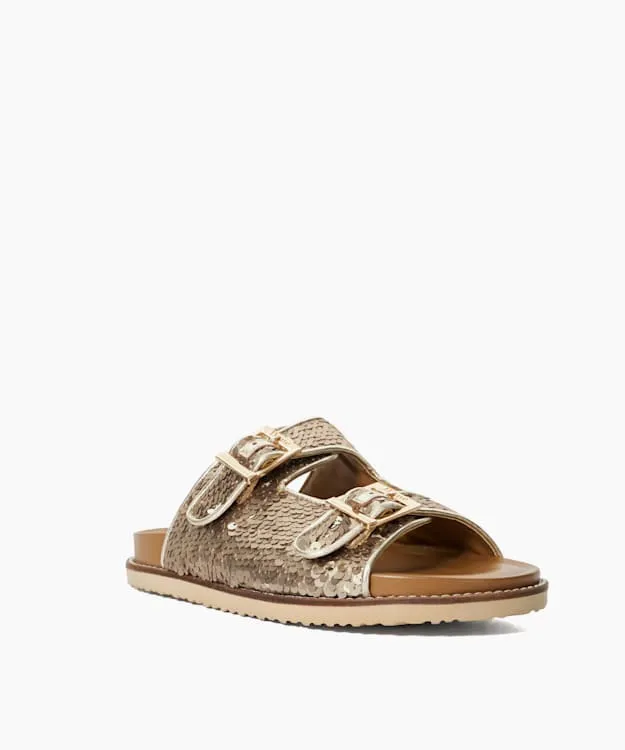 Women Dune London Flat Sandals Two Strap Sequin Sandals Metallic