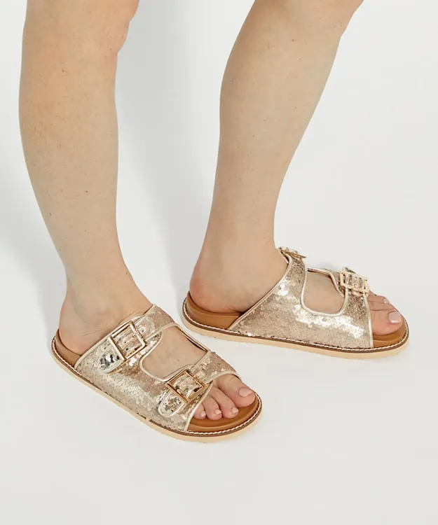 Women Dune London Flat Sandals Two Strap Sequin Sandals Metallic