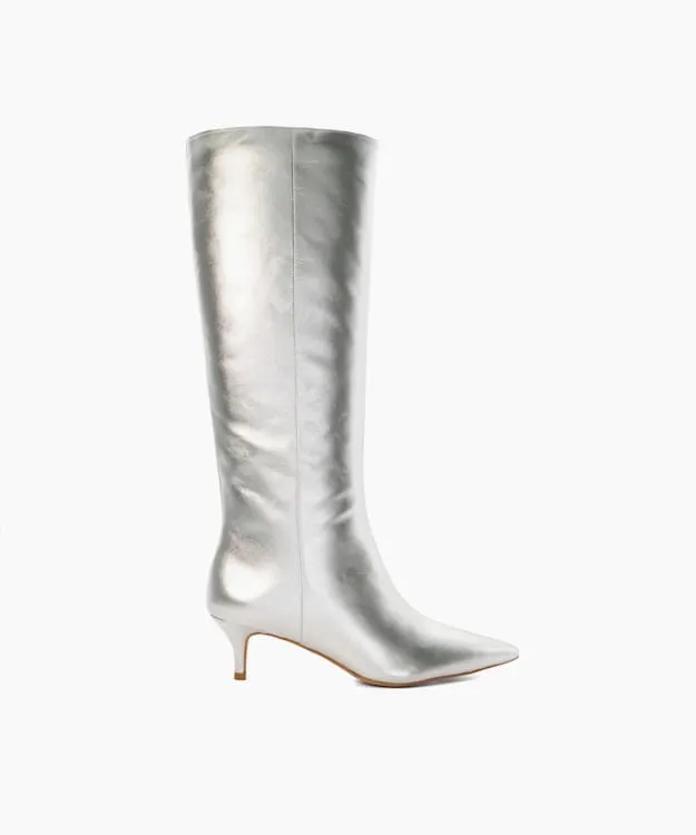 Women Dune London Knee High Boots KittenHeeled KneeHigh Boots Metallic Leather