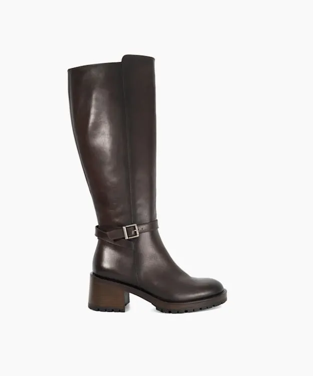 Women Dune London Knee High Boots Knee High Block Heel Buckle Boots Brown