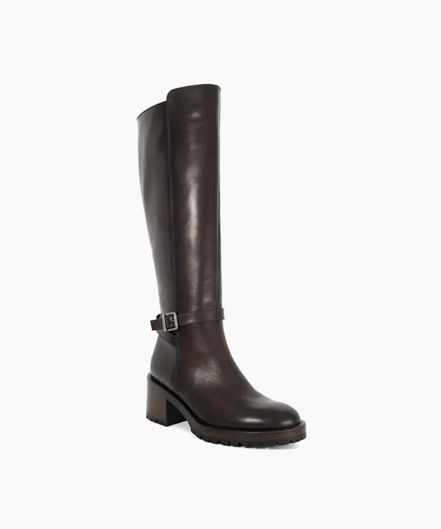 Women Dune London Knee High Boots Knee High Block Heel Buckle Boots Brown