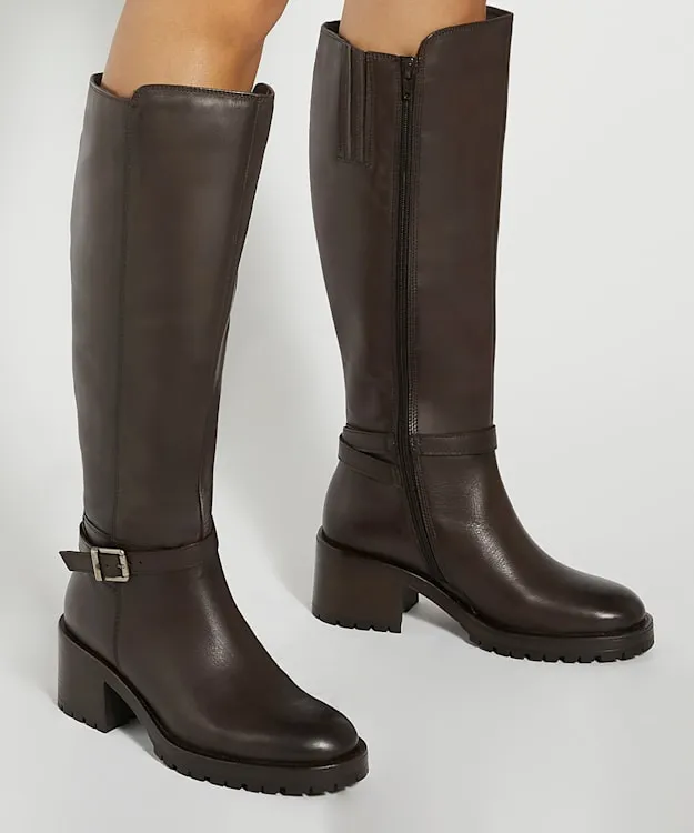 Women Dune London Knee High Boots Knee High Block Heel Buckle Boots Brown