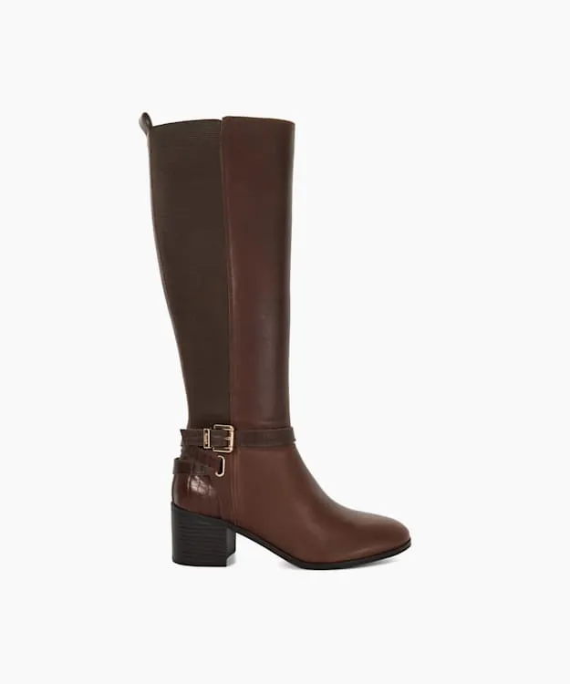 Women Dune London Knee High Boots Leather Round Toe Riding Boots Brown