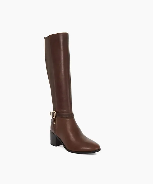 Women Dune London Knee High Boots Leather Round Toe Riding Boots Brown