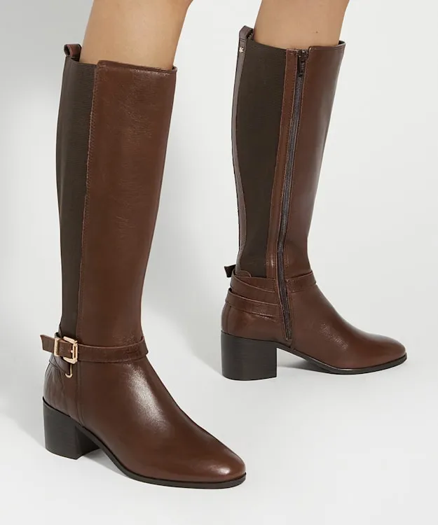Women Dune London Knee High Boots Leather Round Toe Riding Boots Brown