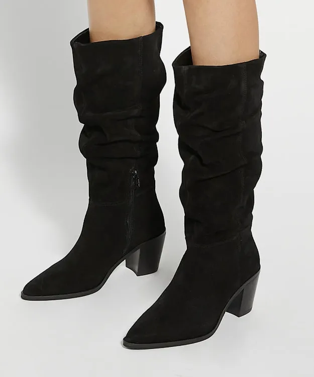 Women Dune London Knee High Boots Suede Knee High Western Boots Black