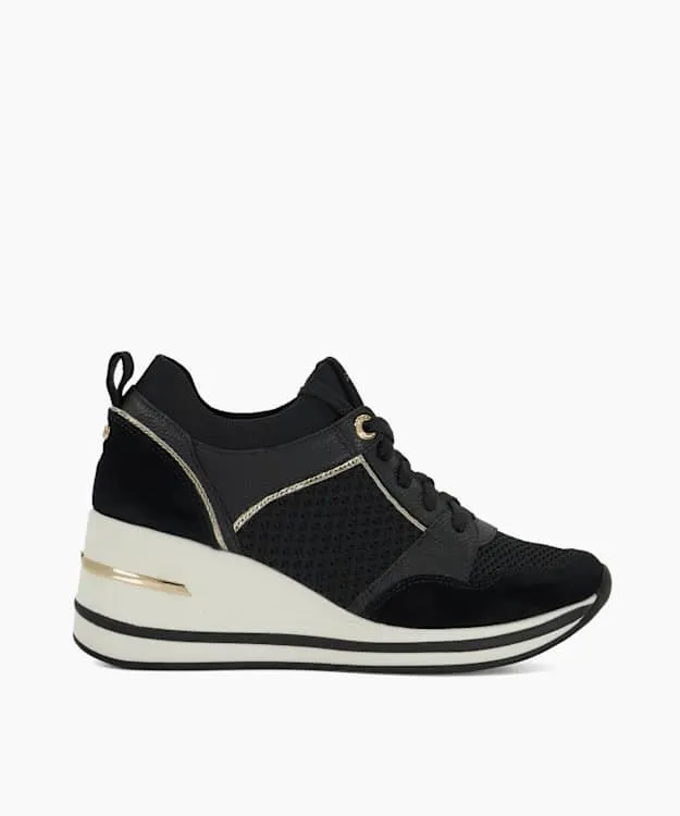 Women Dune London Trainers Lace Up Wedge Trainers Black Fabric
